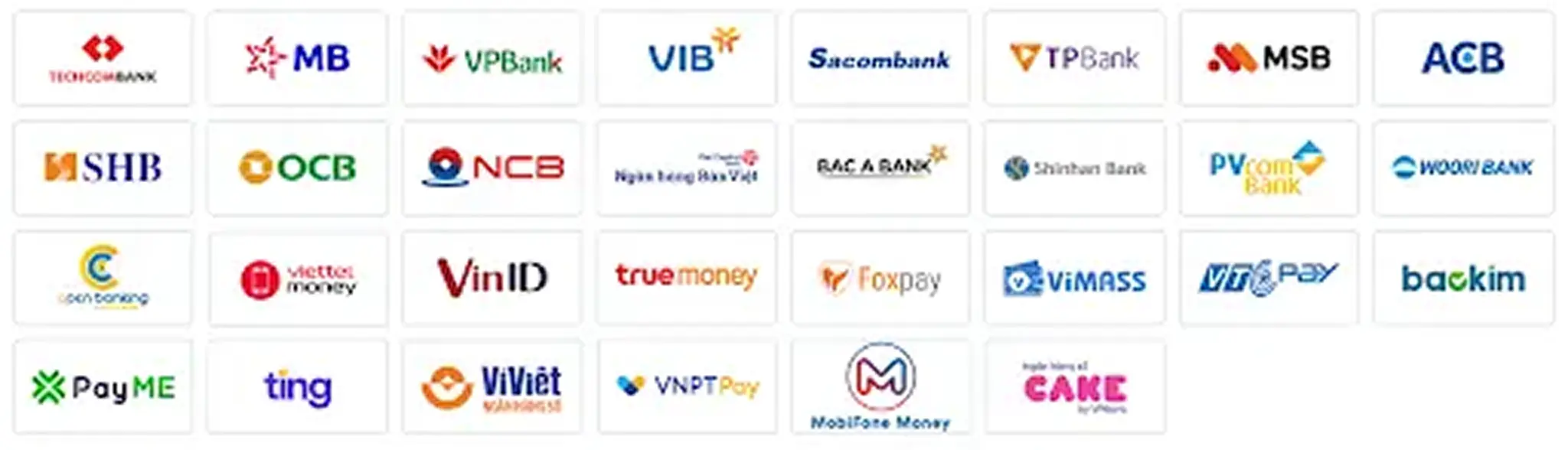Danh sách ngân hàng/Ví điện tử khác hỗ trợ thanh toán